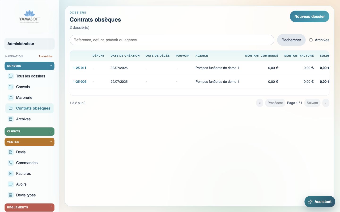 Nouvelle interface de suivi des contrats obsèques dans Yama-Soft