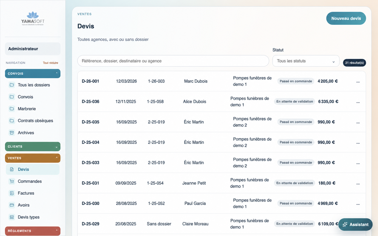 Nouvelle interface de suivi des devis dans Yama-Soft, avec des données de démonstration fictives
