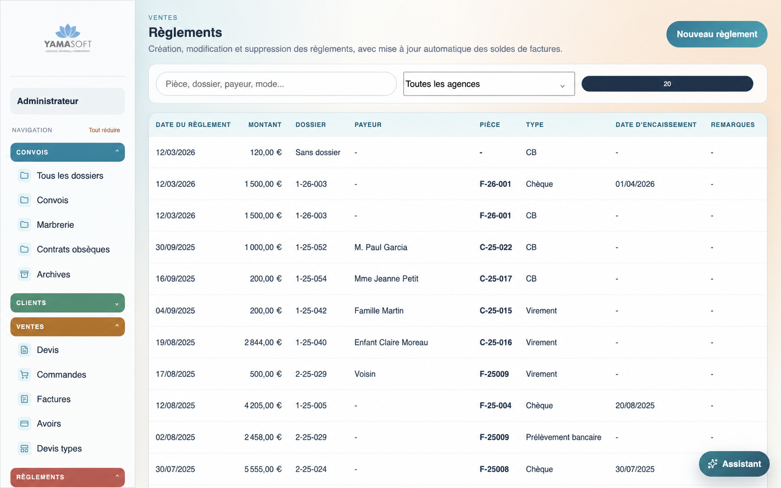 Nouvelle interface de suivi des règlements dans Yama-Soft, avec des données de démonstration fictives